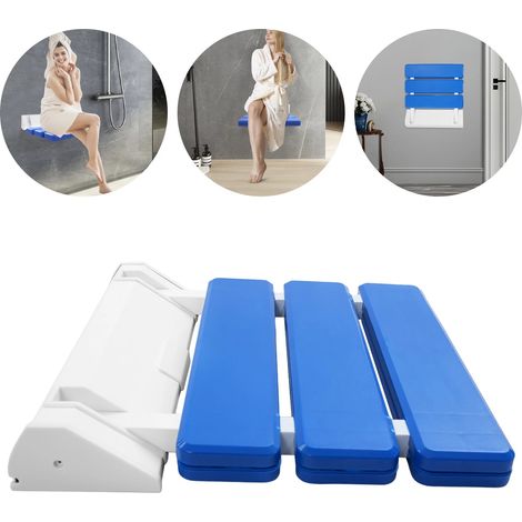 Folding shower seat for wall mounting, up to 130 kg, Folding shower seat foldable for the shower chair, Folding shower seat wall mounting for seniors, Wall folding chair (32 x 34 x 10 cm (Blue))