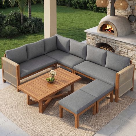 Salon de jardin modulaire en bois d’acacia : canapé d’angle 6 places avec coussins, 2 tabourets + table acacia, respirant et hydrofuge, pour terrasse et jardin
