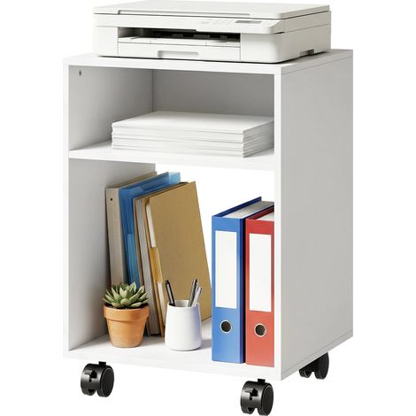 Support d'imprimante en bois avec roulettes verrouillables et 2 compartiments ouverts, 40 x 35 x 55 cm, pour bureau ou espace de travail, blanc.