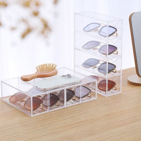 Boîte de rangement pour lunettes à 4 niveaux empilables, transparente, pour le bureau ou la chambre. (1/5)