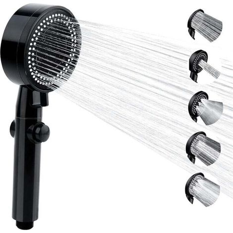 Cabezal de ducha de alta presión y ahorro de agua, cabezal de ducha de baño ajustable con 6 modos, cabezal de ducha antical con apagado automático, fácil de instalar (Negro-A) (1/5)