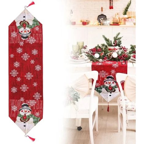 Chemin de table de Noël Nappe de Noël rouge Nappe rectangulaire longue flocon de neige Bonhomme de neige Décorations, 33x183cm (1/5)