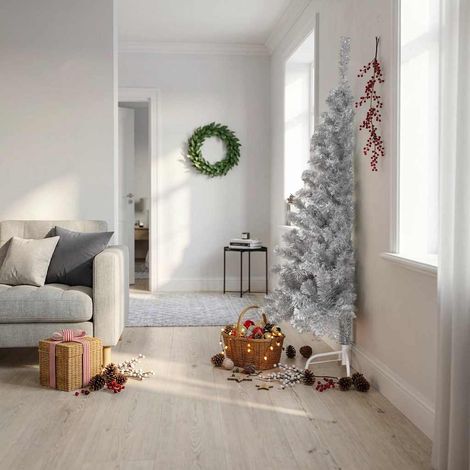 vidaXL Medio árbol de Navidad artificial con soporte PET plata 180 cm (1/5)