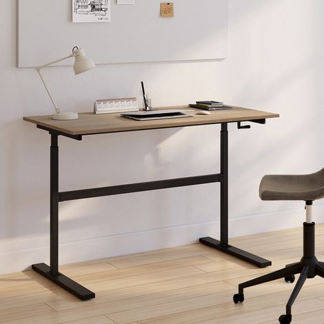 Escritorio JEANNE, recto, bipedestación con manivela, altura regulable de 70 a 120 cm, madera veteada de haya y negro