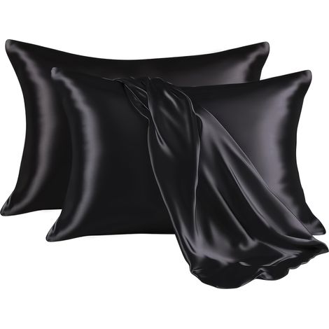 Filiyano – oreiller en satin – Lot de 2 taies d'oreiller en satin (paire) - Linge de lit doux pour la maison, noir, 50 cm x 90 cm (1/5)