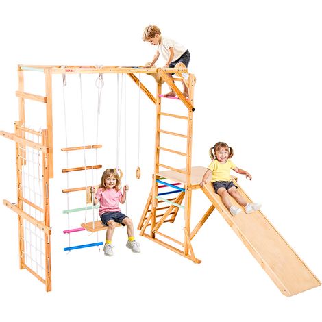 VEVOR Aire de Jeux Interieure en Bois 8-en-1, avec Balancoire, Toboggan, Barre de Singe, Anneaux de Gymnastique, Echelle en Bois/Corde, Filet et Barre deEscalade, Structure de Jeux pour Enfants