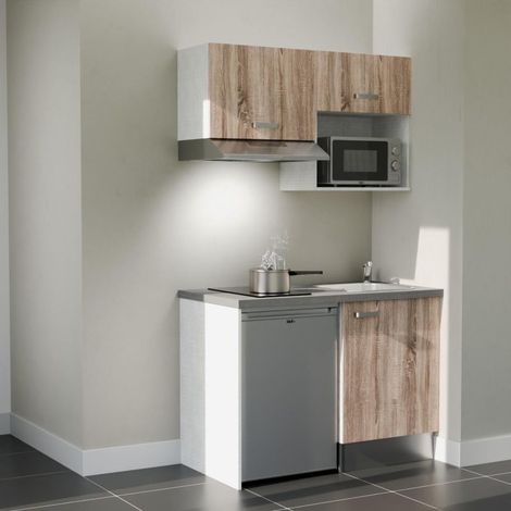 Kitchenette K02L-PT - 120 cm - plan stratifié, évier inox, - Façade Bois - Plan Gris béton - Evier Inox - Crédences Non + Electroménager inclus coloris Inox