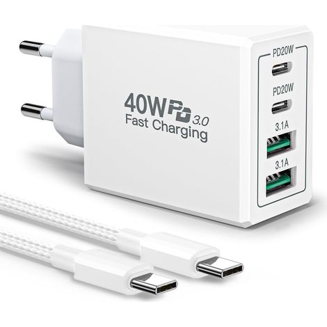 Chargeur USB C 40W 4 Port Chargeur iPhone Rapide Multiple Prise USB C avec 2M Cable USBC Adaptateur Secteur Type C pour iPhone 17 16 15 14 Pro Max X XS XR 8 7 SE, iPad, Samsung Galaxy S25 S24 (1/5)