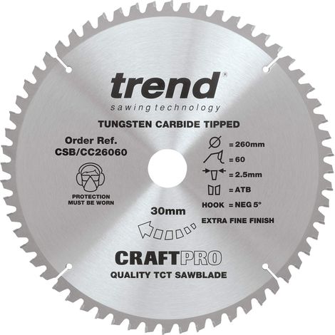 Trend Lama per sega circolare CraftPro TCT a uncino negativo, diametro 260 mm x 60 denti x foro 30 mm, punta in carburo di tungsteno, CSB/CC26060 (1/5)