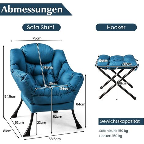 Sessel mit hocker armlehnen seitentasche fustutze relaxsessel ohrensessel blau