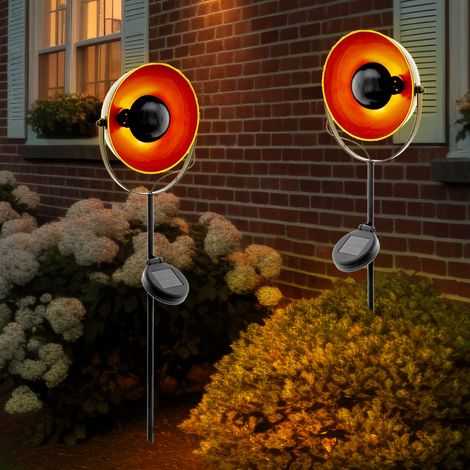 Lampada solare con picchetto Lampada da incasso Nero Arancione Lampada da giardino solare con picchetto, Acciaio, Lampadina a LED, H 61 cm, Set da 2