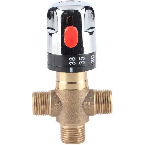 Thermostatmischer, 3-Wege-Temperaturregelventil aus massivem Messing für Duschsysteme, Waschbecken, Küche, Bad, WC, G1/2, 35–45 °C, 15 mm