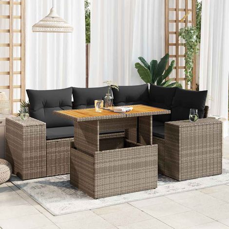 Salon de jardin 5 pièces en résine tressée grise avec coussins et table relevable, 55kg - PANGIVO (1/5)