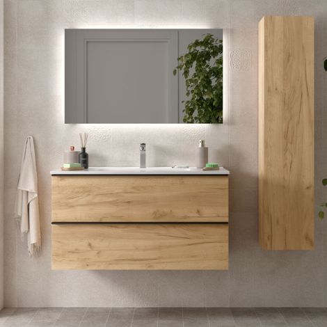 Cygnus Bath – Meuble bas de salle de bain 100cm – Chêne – Vasque en porcelaine blanche – Tiroirs à fermeture amortie – Finition Gris Onix