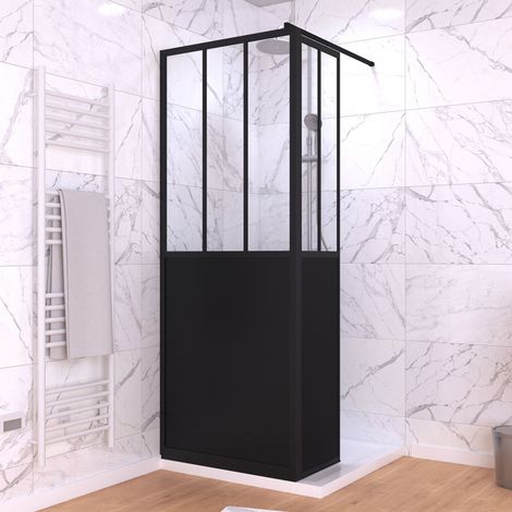Mampara de ducha + Deflector 80+40 x 200cm - Negro Mate y Vidrio Templado (1/5)
