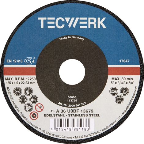 Trennscheibe D125x1mm ger.Keramikkorn Bohr.22,23mm TECWERK