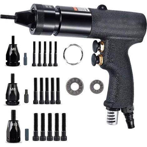 Air Nut Gun Tool, 1/4, 5/16, 3/8 inch (M6, M8, M10) Heavy Duty Speed Adjustable Air Rivet Gun Riveting Kit with Chucks (1/5)