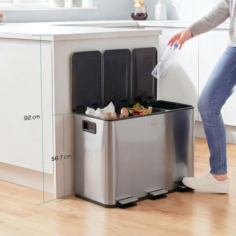 Poubelle de cuisine, bac de recyclage, 3 compartiments de 20 litres, seaux intérieurs amovibles, 61,9 x 36,6 x 56,7 cm, argent (1/5)