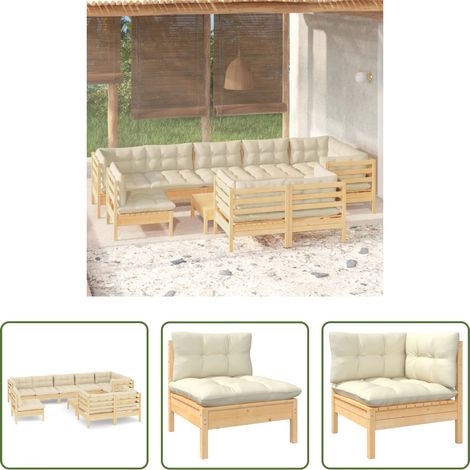 Terrassensofa - 10-tlg. Garten-Lounge-Set mit Creme Kissen Massivholz Kiefer (1/5)