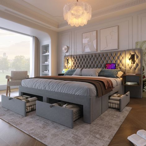 Lit coffre 180 x 200 cm vintage en velours gris avec rangements, liseuses et USB (1/5)