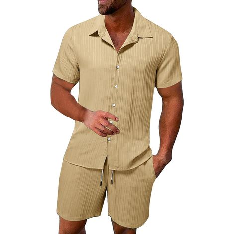 Completo estivo da uomo con pantaloncini traspiranti e stropicciati, completo da spiaggia testurizzato, tuta elasticizzata da uomo