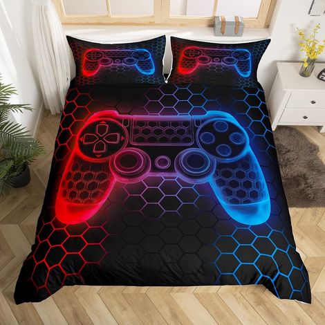 Parure de lit avec housse de couette 135 x 200 cm, motif géométrique, motif de manette de jeu, motif de manette de jeu vidéo, rouge/bleu, pour enfant fille et garçon (1/5)