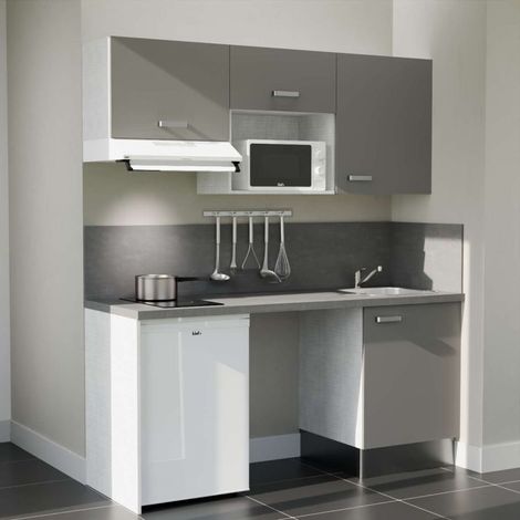 Kitchenette K55 Gris - Plan de travail Gris béton - Crédence : Oui - Electroménager : Blanc (1/5)