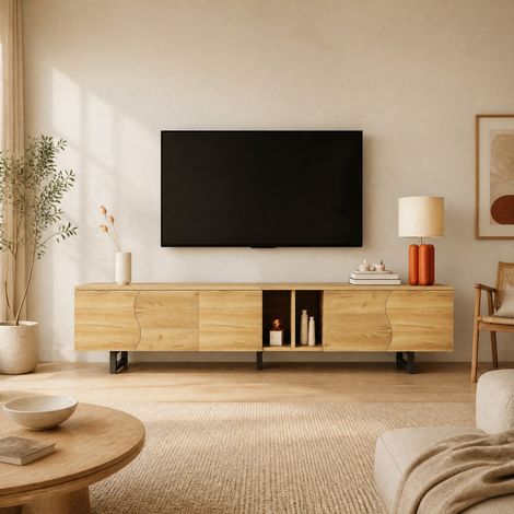 Mueble TV 191x38x46,5 cm en paneles de madera natural, con almacenaje para salón FloraGrace (1/5)