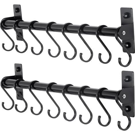 Noir, lot de 2, support à ustensiles de cuisine, support mural pour casseroles et poêles, rail de cuisine avec 8 crochets pour suspendre des ustensiles de cuisine, des tasses, des cuillères, fixé au m (1/5)