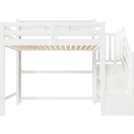 Lit mezzanine enfant 90x200 cm blanc avec LED, escalier de rangement et grand espace sous le lit (1/5)