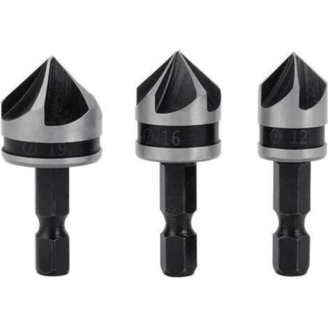 3pcs 1/4" Hex HCS Fraise à Chanfreiner 5 Flûte Foret Embouts pour phanfreiner Évier à Fraise Conique 12mm/16mm/19mm Pour Bois Métal (1/4)
