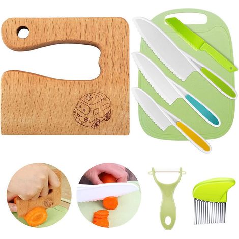 Set de 8 couteaux et ustensiles de cuisine pour enfants, bois et plastique, dès 2 ans (1/5)