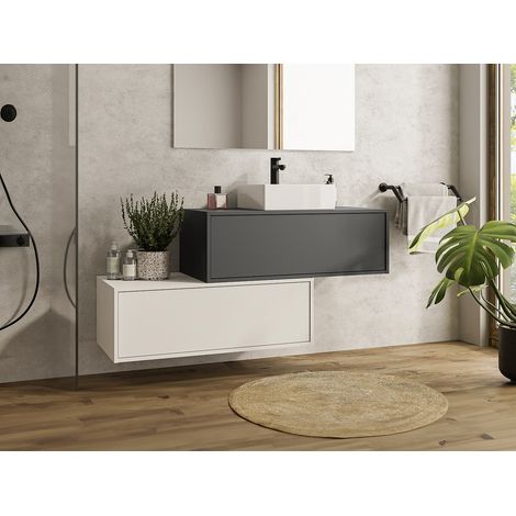 Meuble de salle de bain suspendu gris anthracite et blanc avec simple vasque carrée et deux tiroirs - 94 cm - TEANA II (1/4)