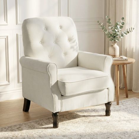 Fauteuil de salon, canapé 1 place avec assise rembourrée épaisse, coussin à ressorts, tissu en lin, 69x75x90cm, crème (1/5)