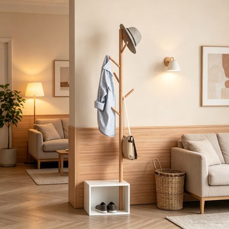 Perchero de entrada con almacenamiento, 6 ganchos, 180 cm, blanco y bambú OKMYHOME (1/5)