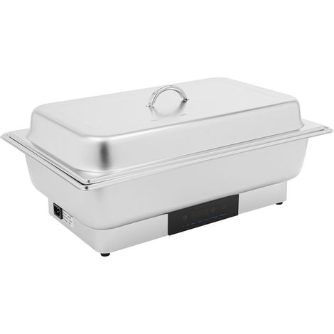 Chafing dish électrique argenté 9 L, chauffe-plats en acier inoxydable avec contrôle de la température, idéal pour les fêtes de famille, les buffets et les réceptions. Dimensions : 56 x 36 x 26 cm