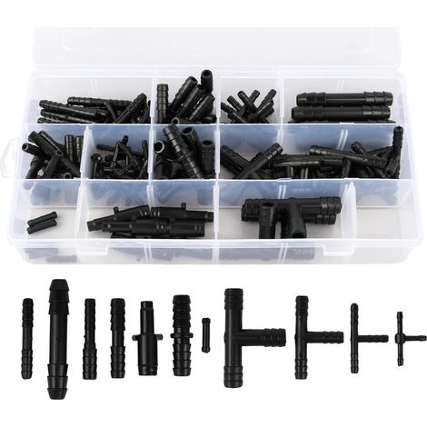 113 Pièces Ensemble de Connecteurs de Tuyau, Raccord Tubulaire, Tuyau en T Universels Noirs, Kit Complet pour Systèmes d'Irrigation- 12 Tailles Différentes, Connecteurs Droits, en T et Réducteurs