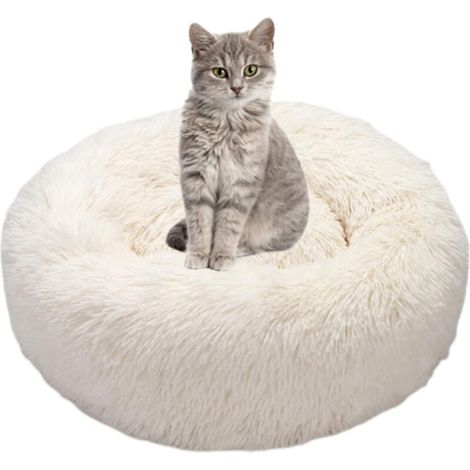 SABIR – Panier moelleux rond pour chien et chat – Coussin apaisant en peluche lavable – Antidérapant – Pour petits et moyens animaux (blanc) (1/5)