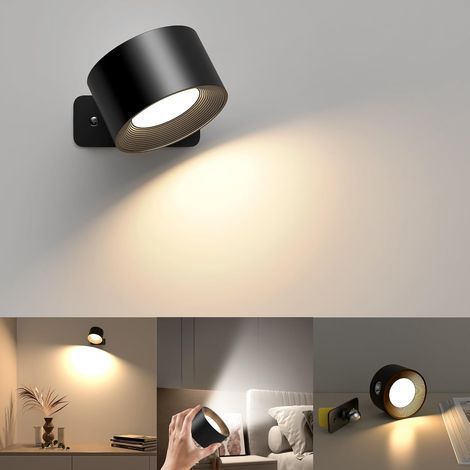 Applique murale tactile LED sans fil, lampe de chevet d'intérieur, rotative à 360°, idéale pour le salon, la chambre ou le couloir, noire (1/5)
