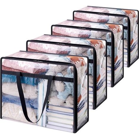 Confezione da 4 - 60 litri - Sacchetti portaoggetti - Con cerniera - Sacchetti trasparenti per riporre indumenti - Materiale in PVC - 602442 cm - Scatole portaoggetti per biancheria da letto - Pieghev (1/5)