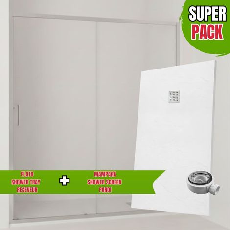 Pack Mampara Ducha Frontal Corredera + Fijo con Perfil inferior / Cromo 100 cm y Plato blanco irrompible ultraligero antideslizante 100x90cm (1/5)