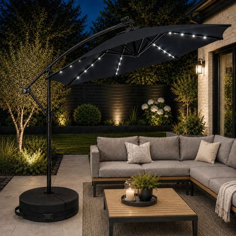 3m Solar Powered Cantilever Lit Banana Garden Parasol with Crank Handle & White LED Lights in Black with Base Bag Included (1/5)