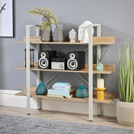 Urban Style 3 Tier Wide Bookcase Display Rack Storage Oak Finish Grey Frame (1/5)
