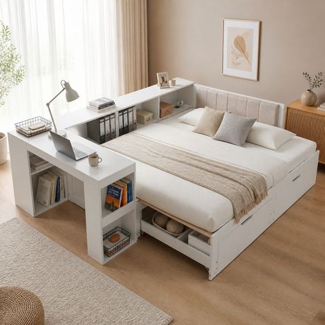 Cama extensible con escritorio, somier de láminas y 2 cajones 90x200-180x200 cm madera engineered blanco mate (1/5)
