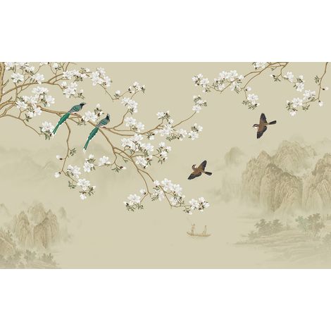 Papier peint panoramique - Fleurs Oiseaux - 130 cm x 81 cm (1/2)