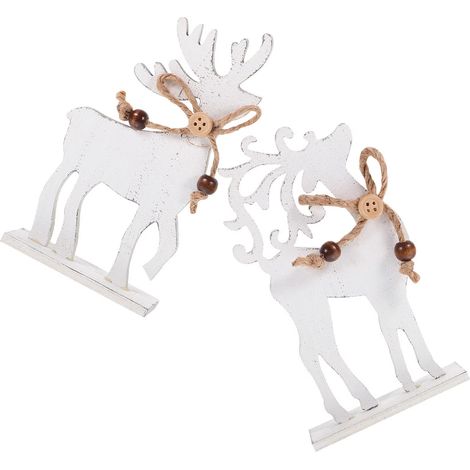 Décorations de Noël : rennes en bois blanc, lot de 2, figurines rustiques pour la maison ou le bureau.