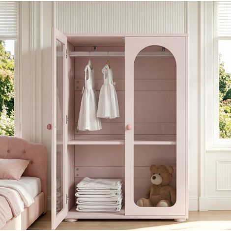 Armadio 80x50x120 cm rosa baby in MDF e acrilico con ante trasparenti, ripiani regolabili e barra appendiabiti