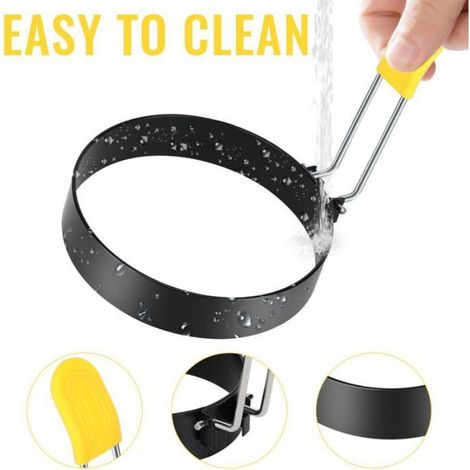 Lot de 4 cercles à œufs antiadhésifs acier inoxydable, avec brosse et couvercle silicone anti-brûlure. (1/5)