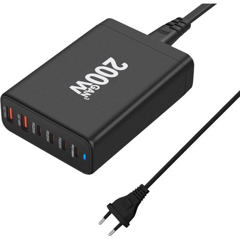 6-Port-Schnellladegerät, 200-W-USB-C-Ladestation, Netzteil, kompaktes Reiseladegerät für iPhone 14, 13, 12, 11 Pro Max, Pixel, Note und Galaxy - Crezuo