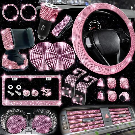Ensemble de 27 accessoires de voiture brillants, housse de volant universelle, supports de plaque d'immatriculation, support de téléphone portable, chargeur de voiture. (1/5)